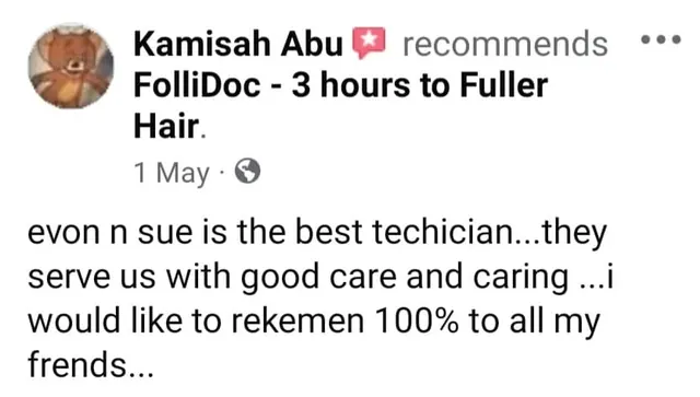 Five-star Google review of Folli-Doc